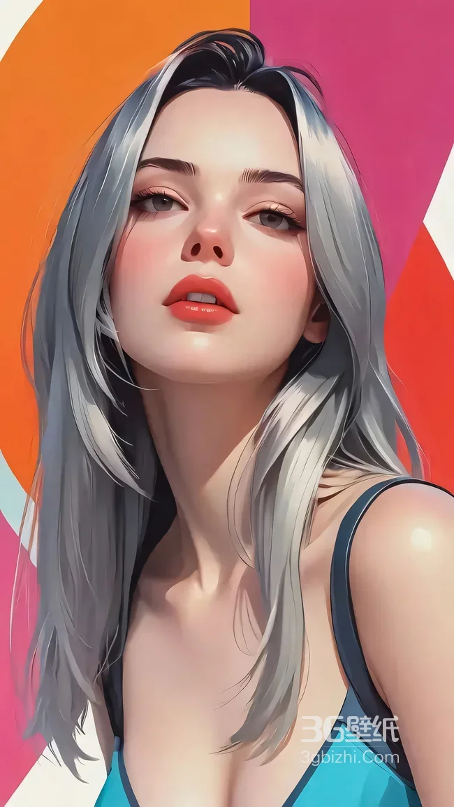 银发女子·写实插画风 撞色背景时尚手机壁纸（高热度：艺术感美女壁纸）1