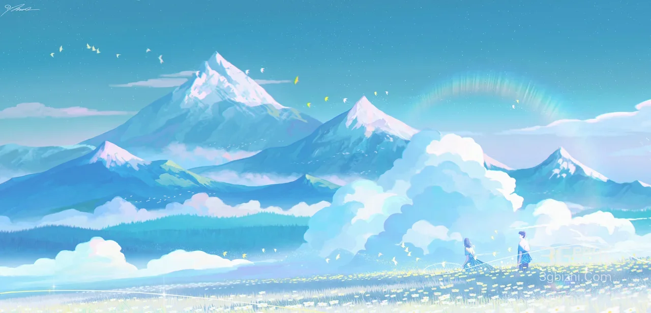 花海雪山双人邂逅·唯美治愈宽屏车机壁纸1