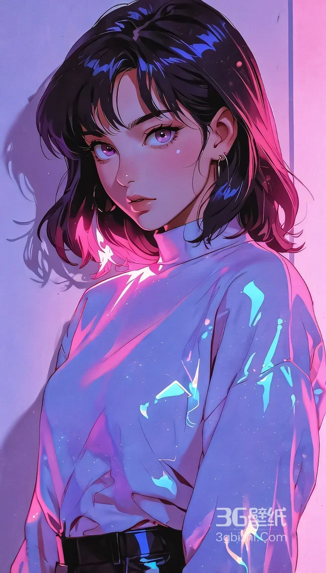 二次元赛博朋克霓虹短发少女插画 潮流手机壁纸1