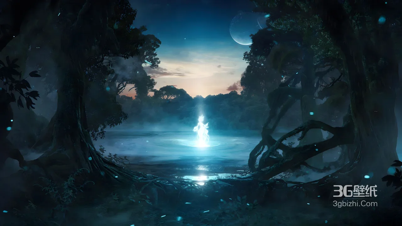 湖心发光灵体 唯美奇幻暗夜森林湖泊电脑壁纸1
