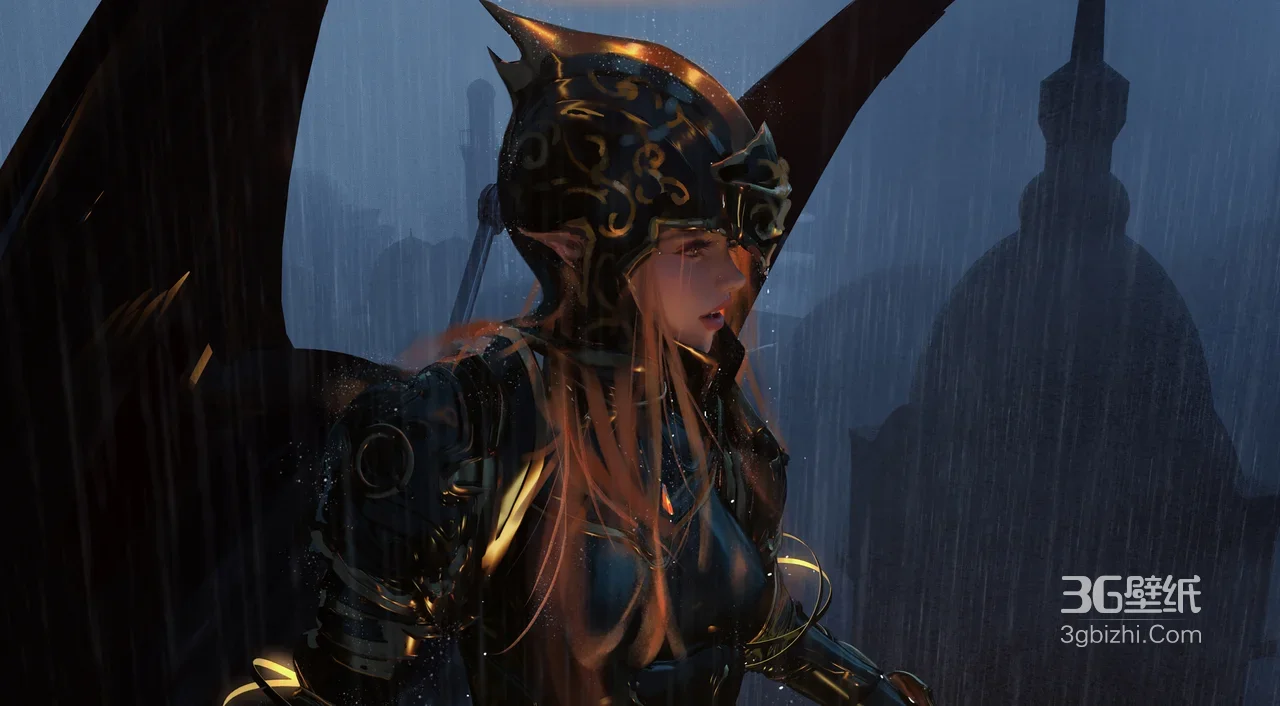 暗黑铠甲精灵女战士·雨夜古建筑·游戏高人气奇幻壁纸1