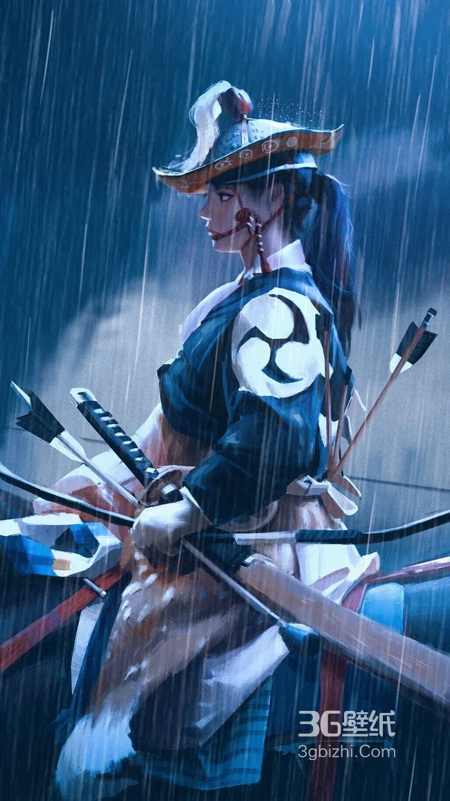 日式古风女武士·雨夜三巴纹 游戏手机壁纸1