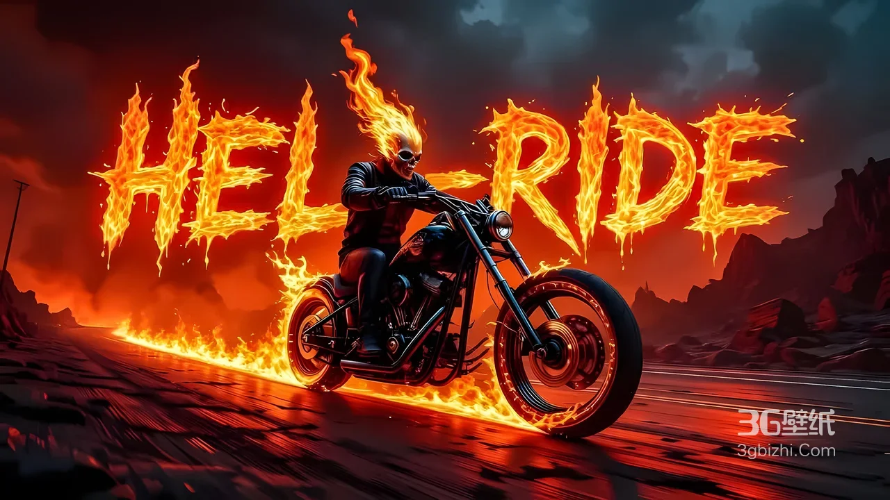 恶灵骑士风格·火焰骷髅地狱公路骑行 暗黑地狱风宽屏电脑壁纸1