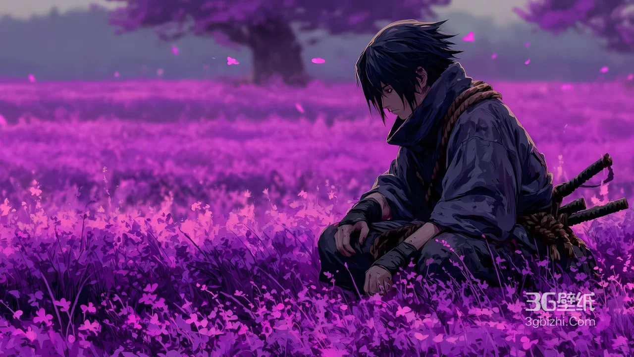 宇智波佐助·紫野花海沉思 唯美火影忍者动漫壁纸1