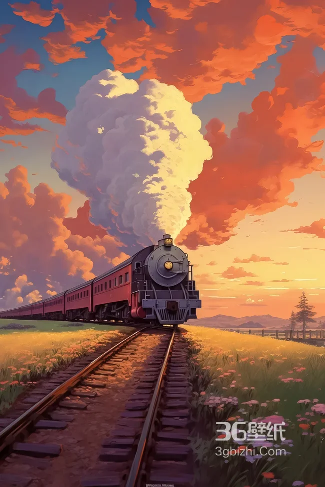 蒸汽火车田野日落唯美插画风 治愈旅途手机壁纸1