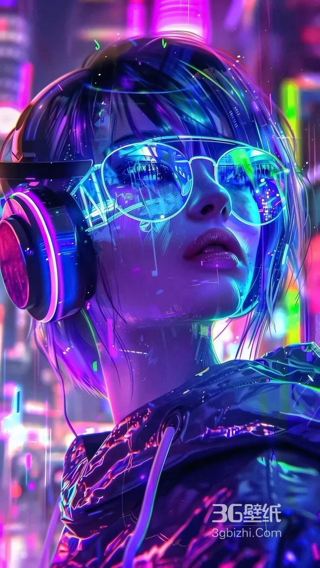 赛博朋克风少女·霓虹耳机眼镜 赛博朋克手机壁纸推荐1
