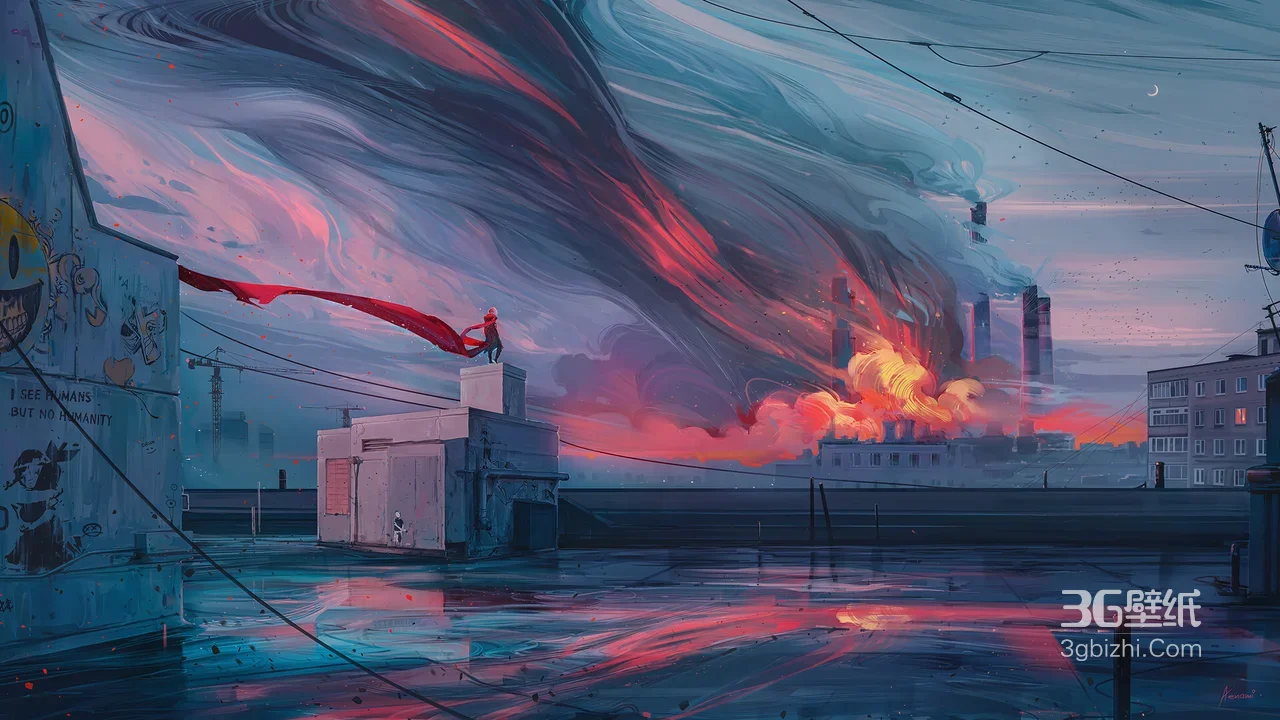 红披风人物·工业屋顶 后现代科幻唯美电脑壁纸1