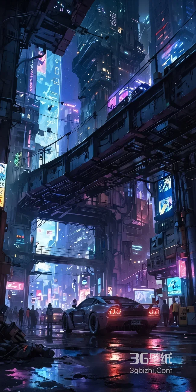 赛博朋克霓虹都市跑车夜景·未来感手机壁纸精选1