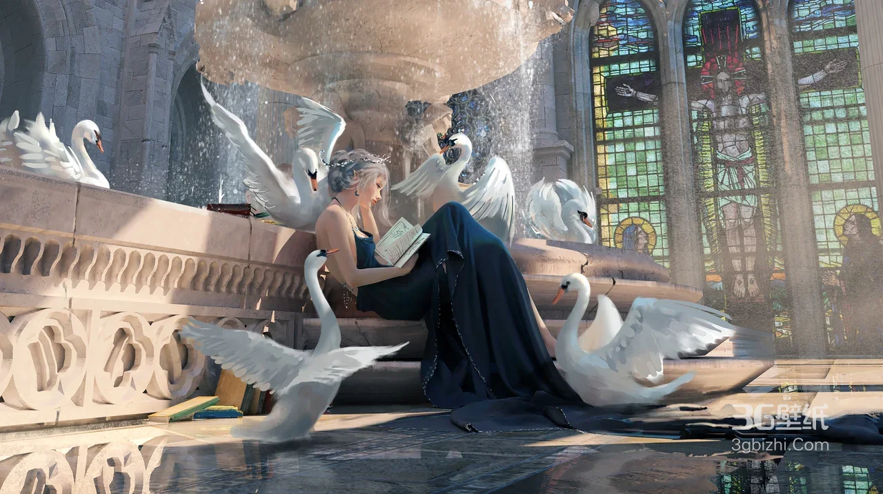银发女子天鹅伴读 教堂喷泉唯美写实电脑壁纸 超宽屏1