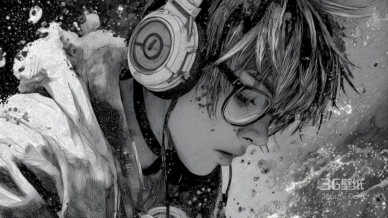 耳机眼镜少年·黑白艺术插画风 原创电脑壁纸精选1