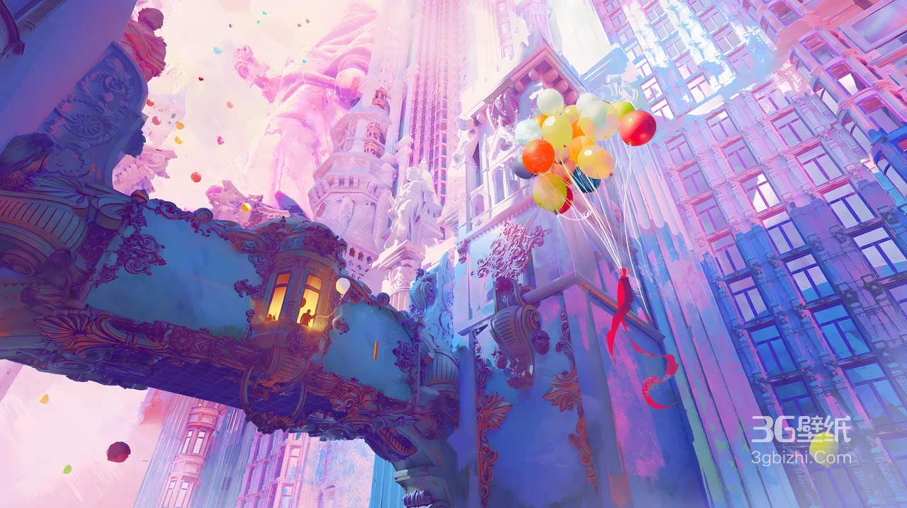 梦幻童话都市雕花建筑·气球 唯美插画风超宽屏壁纸1