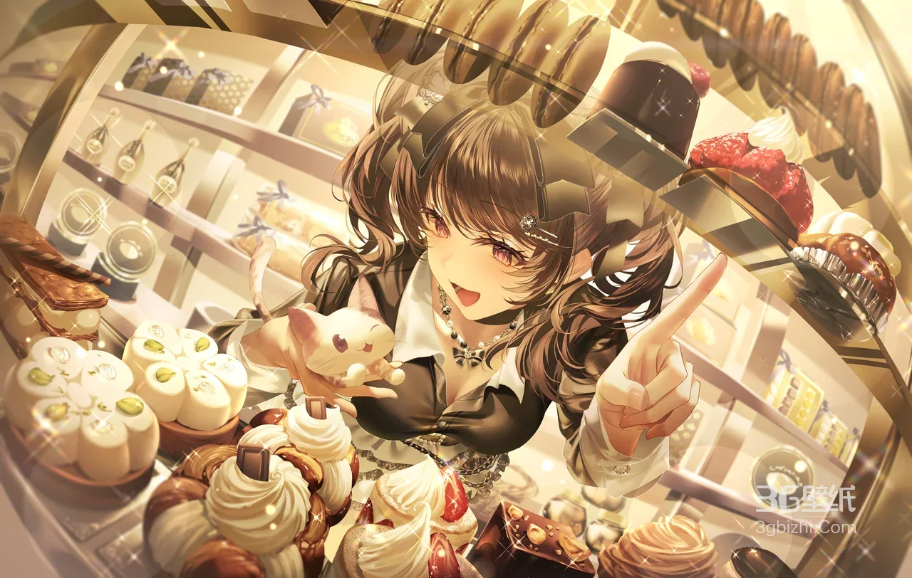 双马尾少女·甜品店猫咪·二次元唯美插画 宽屏电脑壁纸1