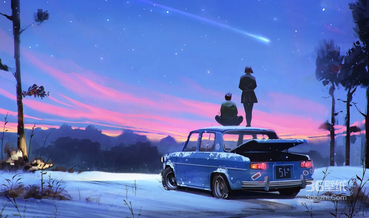 蓝色复古车雪地星空 两人车顶赏景 唯美插画电脑壁纸1