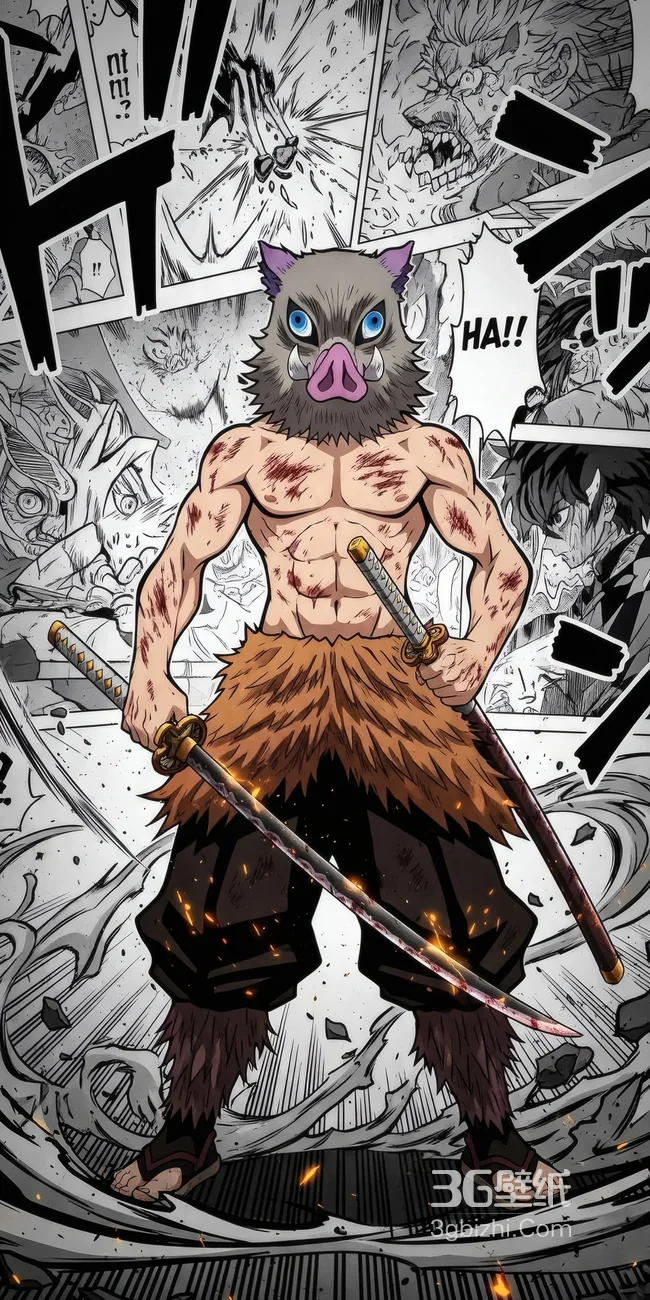 嘴平伊之助·双剑战损 鬼灭之刃热血日漫壁纸1