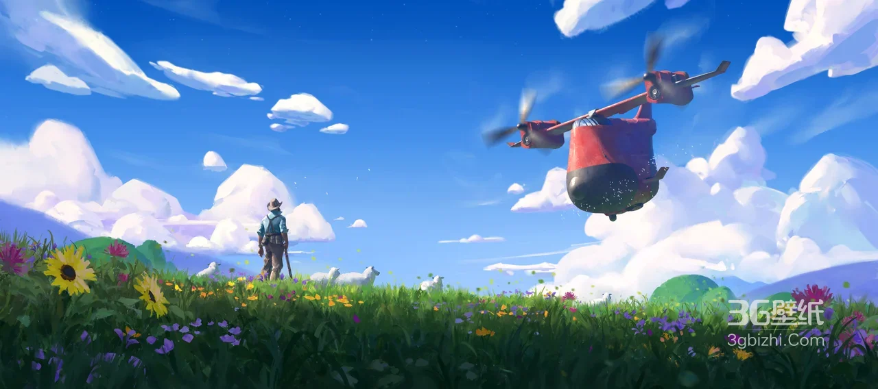 草原花海冒险家·红飞行器 唯美游戏原画宽屏电脑壁纸1