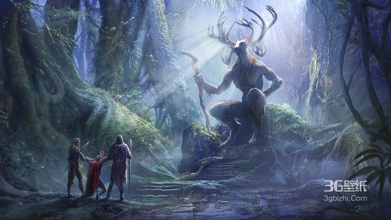 鹿头人身森林神兽·奇幻唯美森林朝拜 游戏插画电脑壁纸1