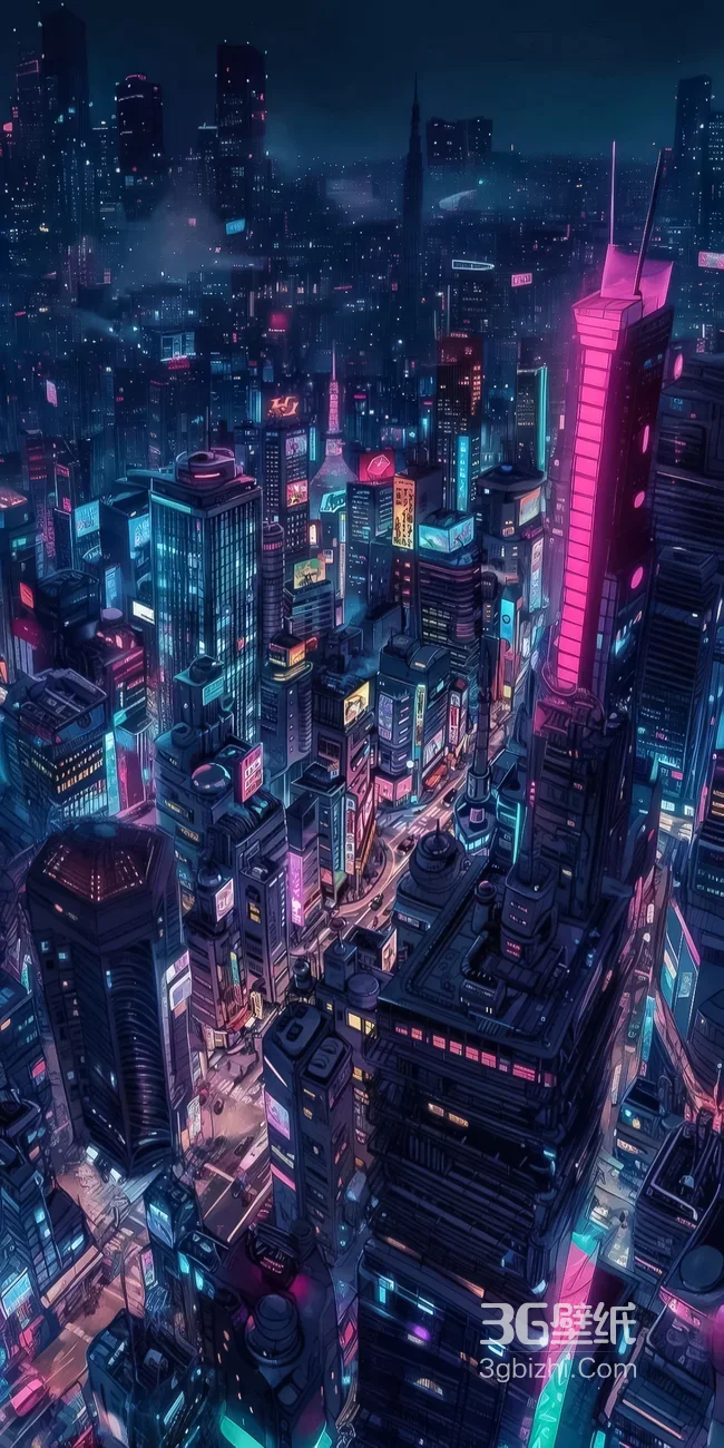 赛博朋克都市夜景·霓虹光影原创插画 赛博朋克手机壁纸1