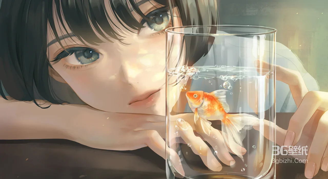 短发少女·凝视金鱼 唯美写实插画 治愈桌面背景参考1