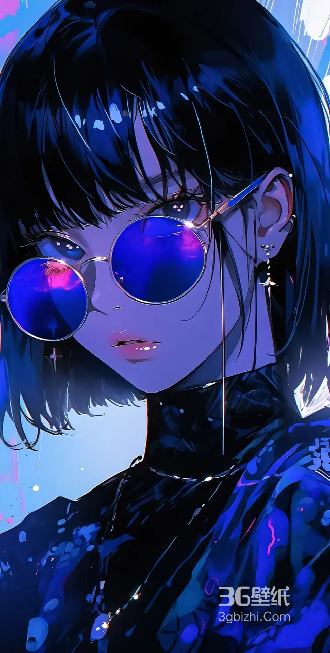 暗黑赛博风二次元少女·紫蓝墨镜 超酷赛博朋克手机壁纸1