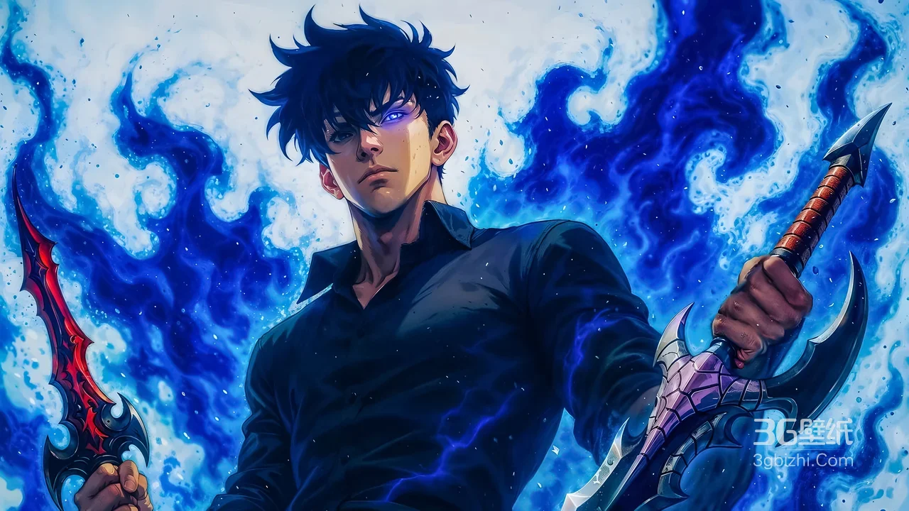 双持异刃帅哥·蓝焰翻涌 暗黑奇幻高燃电脑壁纸1
