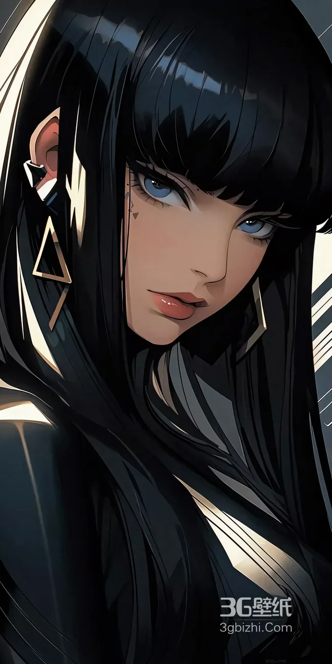 黑长直蓝眼酷感少女·暗黑插画风 高质感手机壁纸1