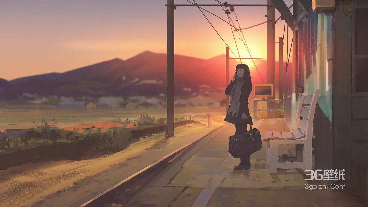 站台少女·黄昏候车 唯美二次元原创插画 宽屏电脑壁纸1