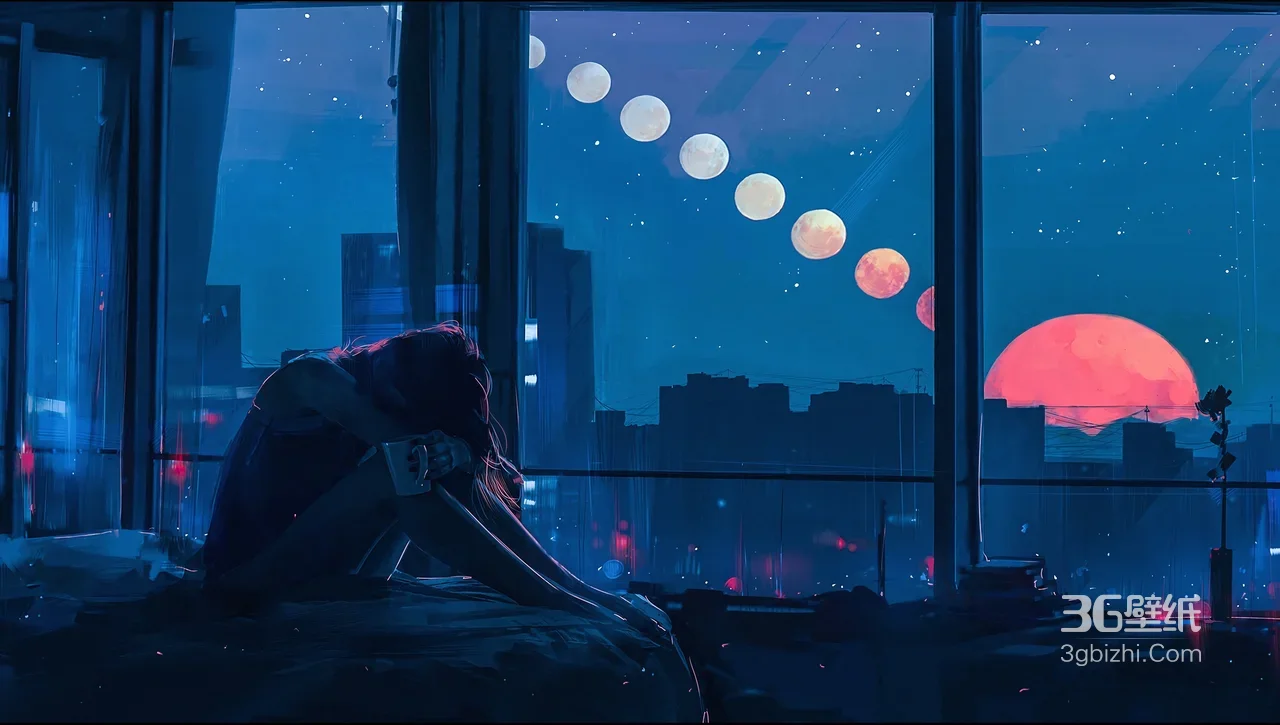 独坐抱膝女孩·月相流转 赛博朋克风城市夜景插画（高人气电脑壁纸）1