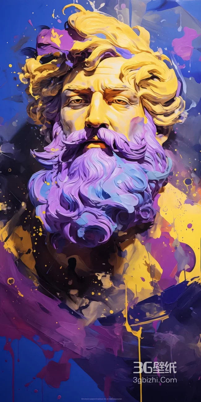 艺术化古希腊神祇像·紫蓝胡须黄发 泼墨艺术手机壁纸1