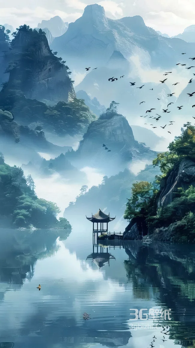 山水湖亭·国风水墨意境古风壁纸（高热度：古风山水湖亭壁纸）1