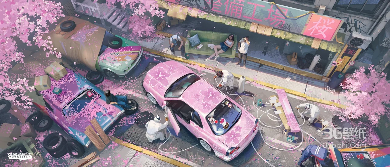 樱花季街头汽车改装工坊·唯美日系插画·宽屏车机壁纸1