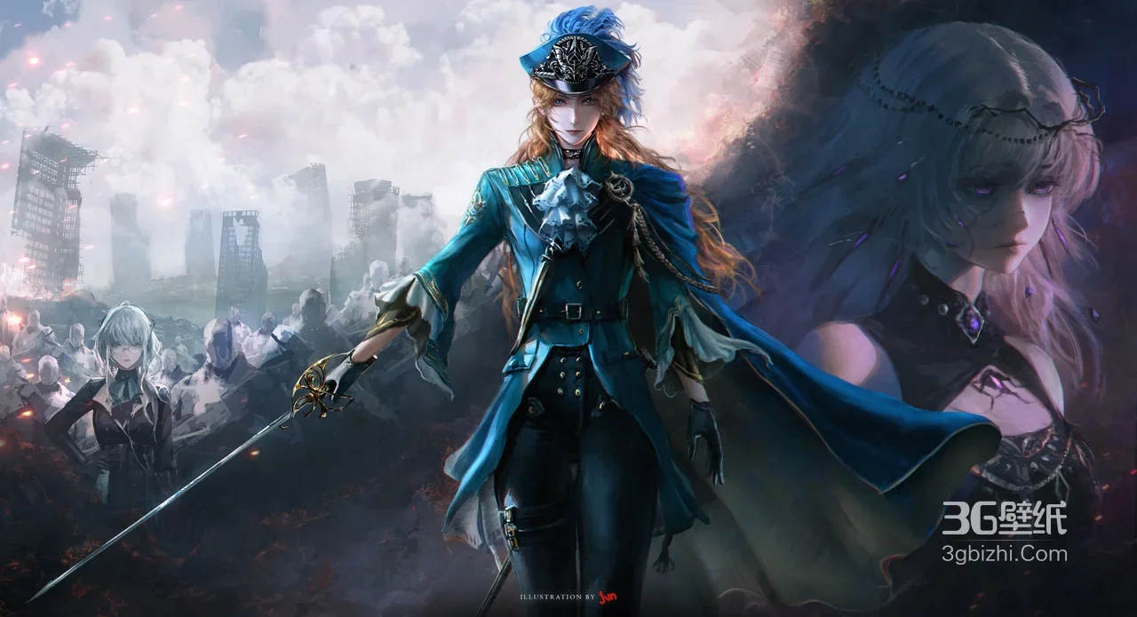 蓝装佩剑帅哥·暗黑奇幻风 废墟战场原创插画电脑壁纸精选1