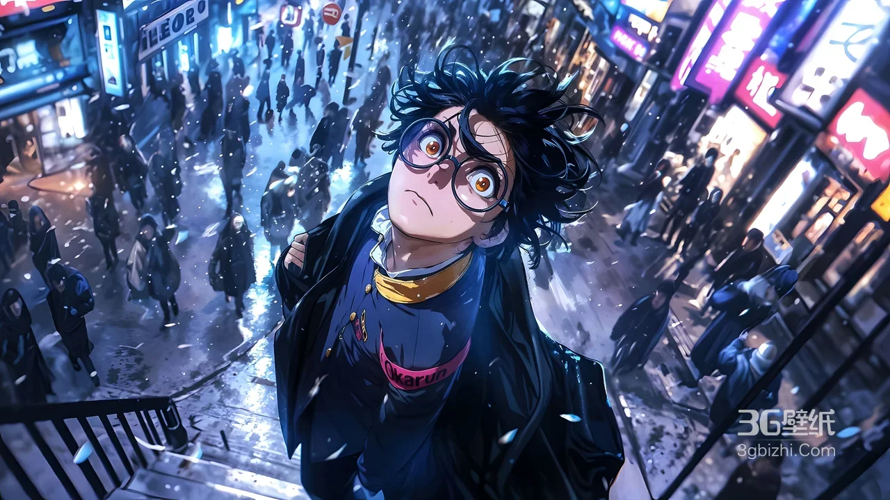 动漫眼镜少年·雨夜霓虹都市街景 高清电脑背景图1