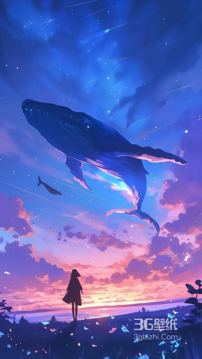 晚霞星空下女孩与巨鲸 唯美梦幻插画手机壁纸1