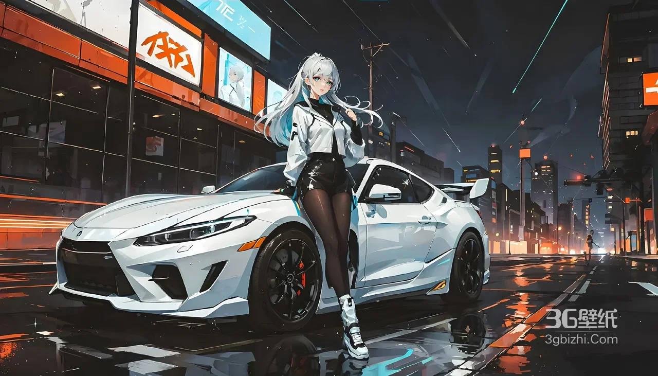 银发少女·黑丝白靴 赛博朋克雨夜都市跑车 二次元壁纸1