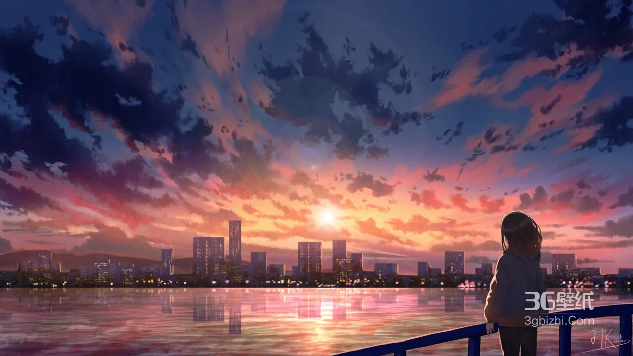 江边城市日落·女孩背影 唯美二次元插画 电脑壁纸推荐1
