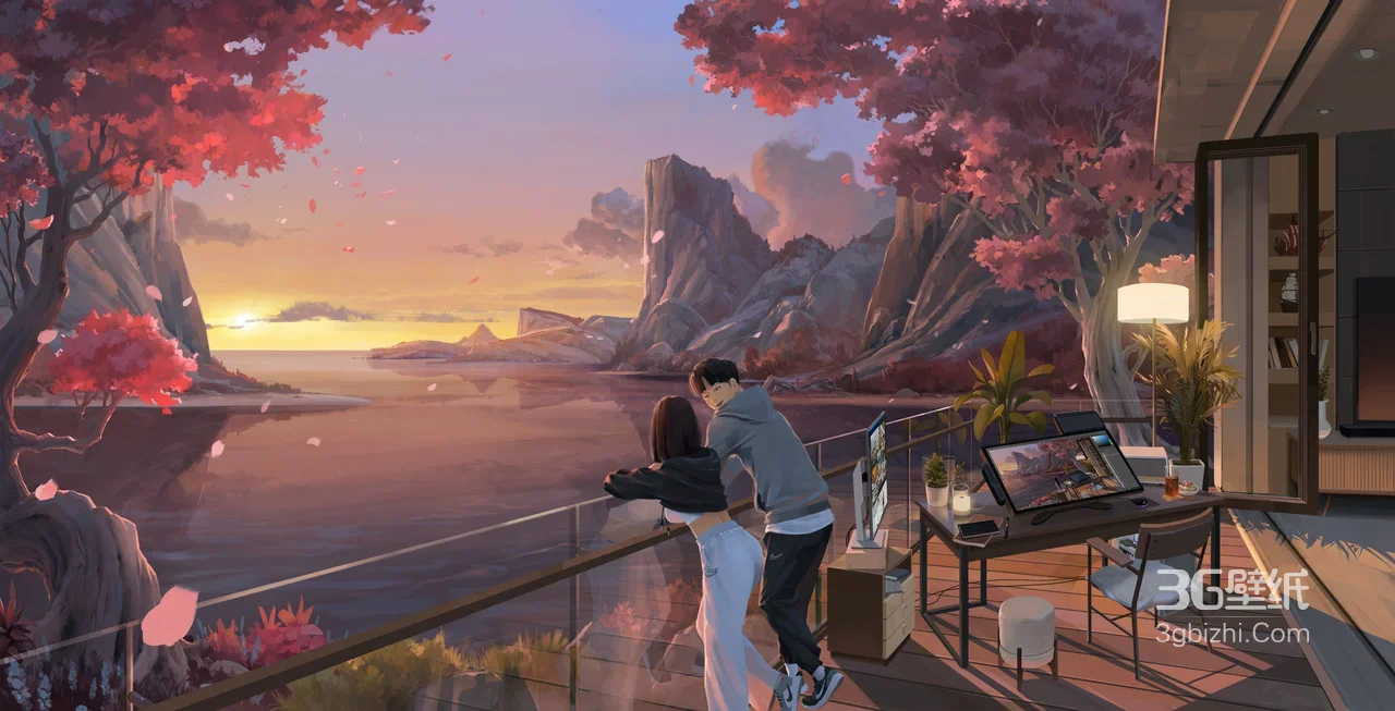 情侣依偎湖光山景露台 二次元唯美风 宽屏电脑桌面背景 ###1