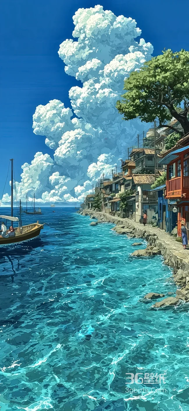 日系唯美滨海渔村古街 清新海景手机壁纸1