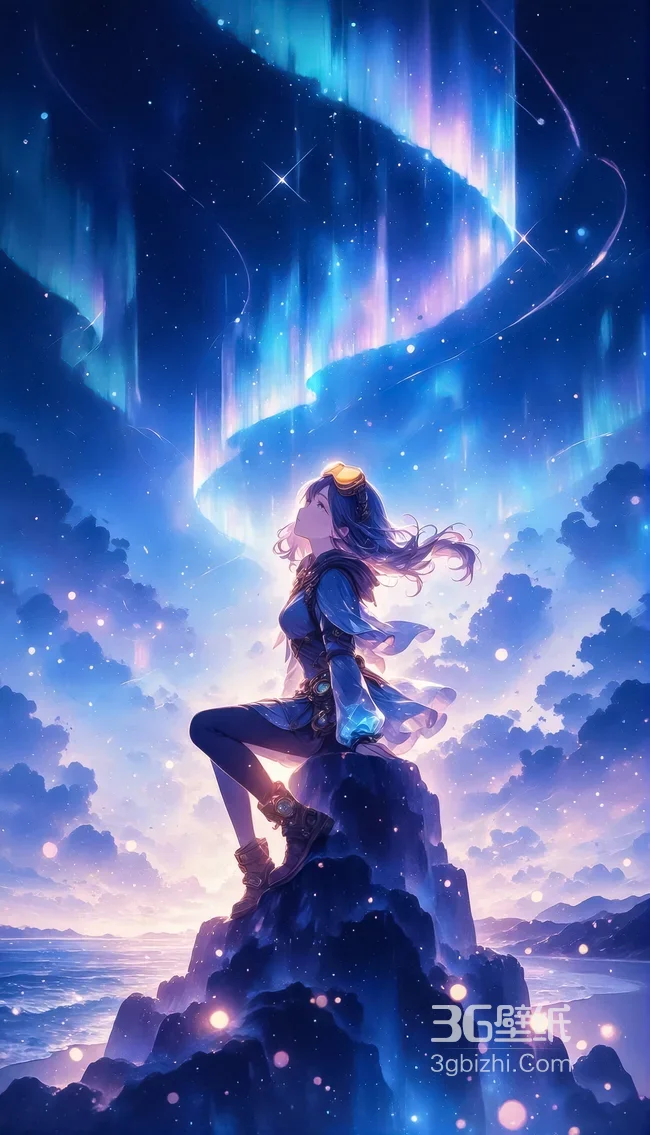 二次元少女·护目镜极光下眺望 唯美星空云海手机壁纸1