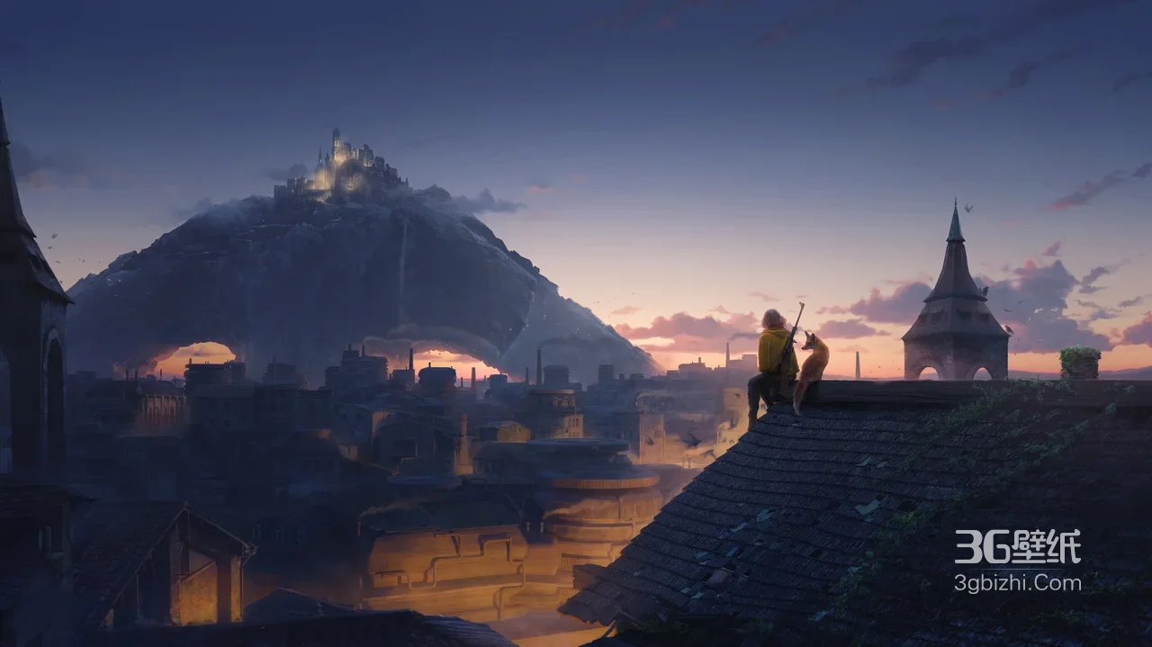 人物与狗坐屋顶眺望奇幻城堡城市·黄昏唯美宽屏电脑壁纸1