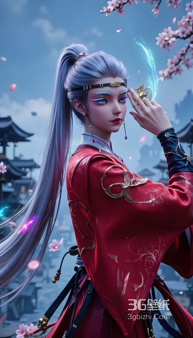 国风唯美银发红衣古风女子·知画·蓝焰蝶饰手机壁纸1