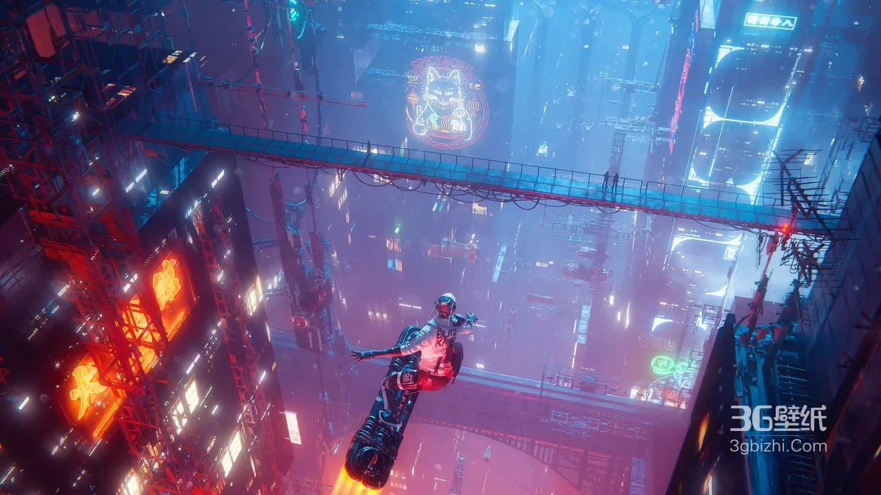 赛博朋克飞行滑板者·霓虹都市 游戏风宽屏电脑壁纸1