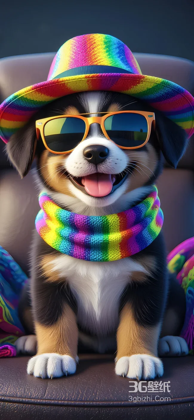 萌宠小狗·彩虹配饰可爱风·治愈系萌宠手机壁纸1