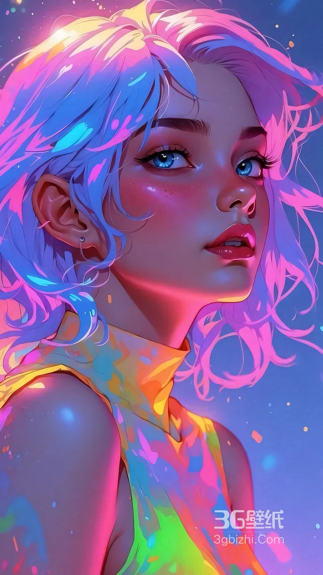 卷发少女·霓虹赛博风原创插画 炫彩渐变手机壁纸1