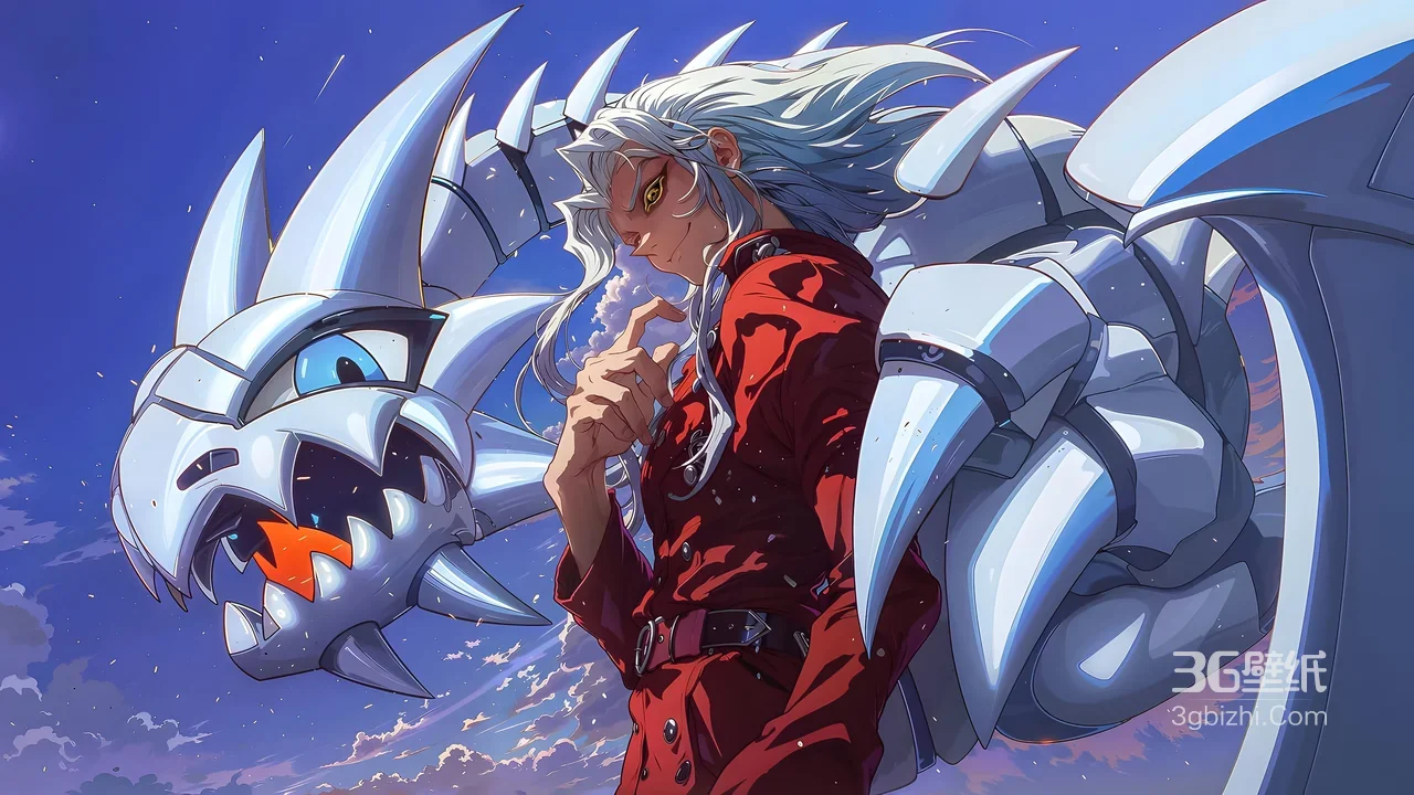 银发赤衣黄瞳·机械白龙 二次元宽屏电脑壁纸1