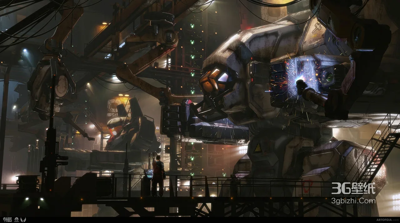 巨型机甲维修工厂·工业科幻风·游戏级机械美学超宽屏壁纸1