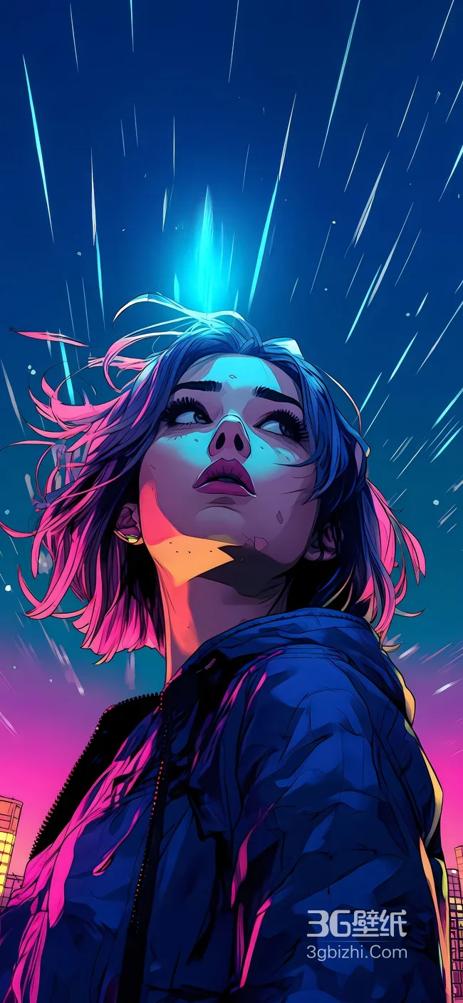 赛博朋克风短发少女 霓虹仰望 高人气手机壁纸1