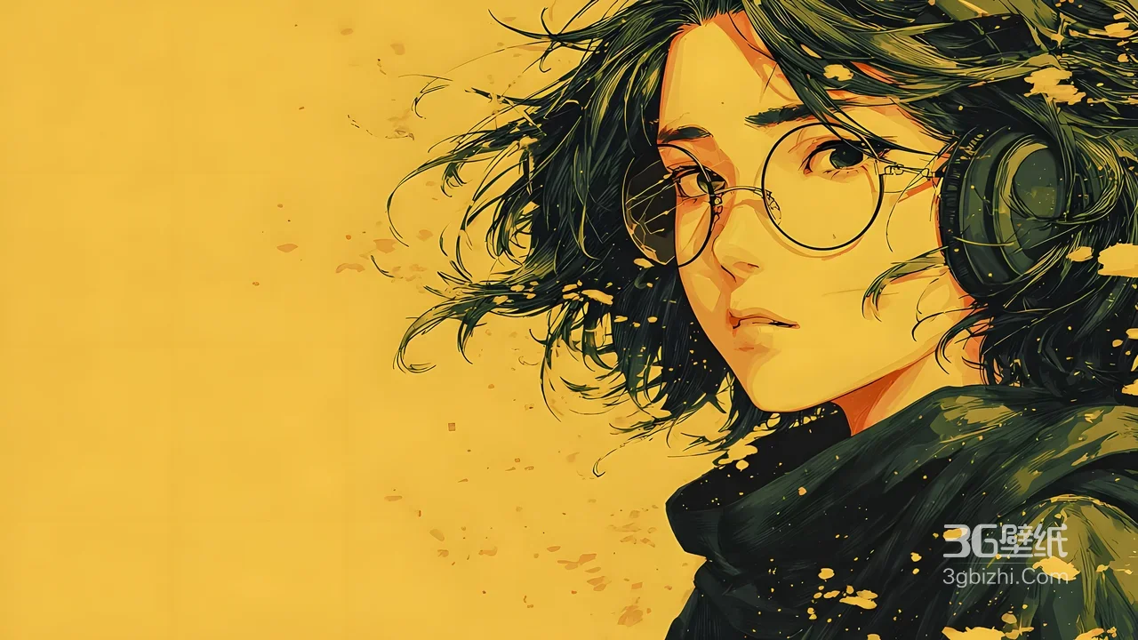 戴耳机眼镜少女·复古插画风宽屏电脑壁纸 高人气桌面壁纸1