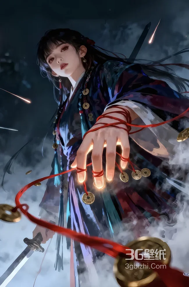 国风武侠女子·红绳铜钱执剑 暗黑江湖手机壁纸热门款1