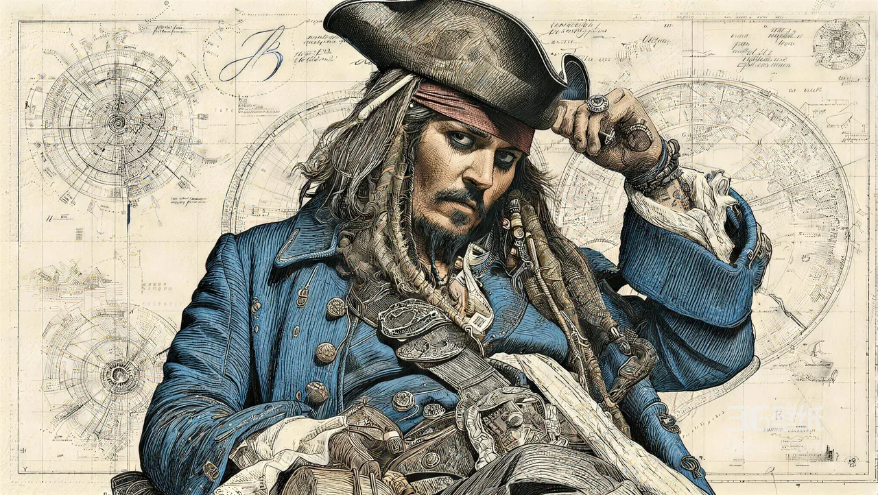 杰克·斯派罗·海盗船长 复古手绘风《加勒比海盗》影视电脑壁纸1