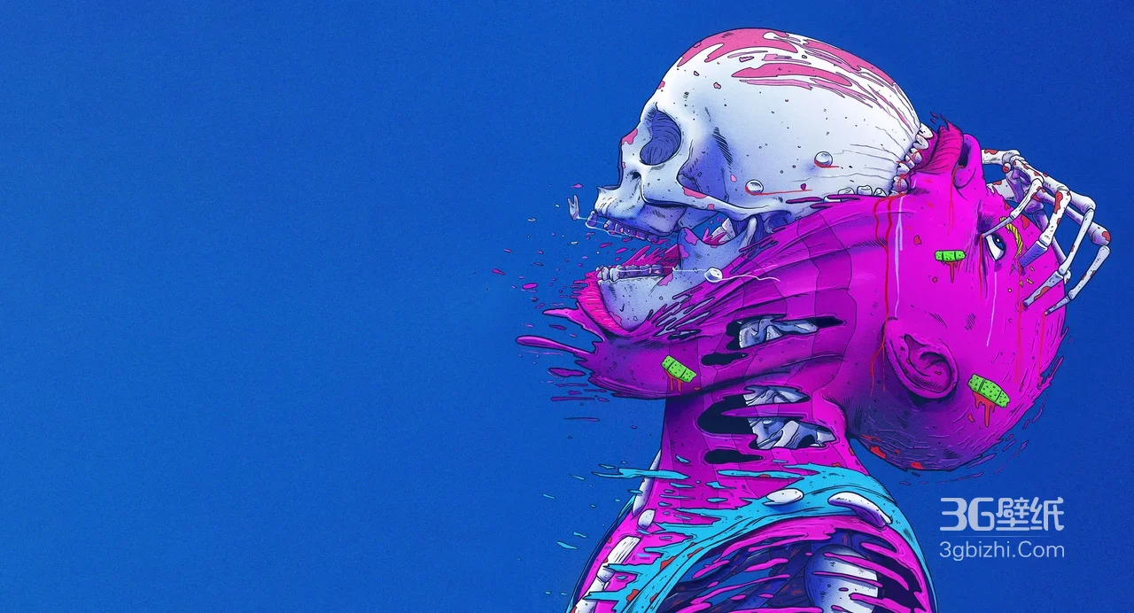骷髅·粉色异化人体·赛博朋克暗黑风 赛博朋克电脑壁纸1